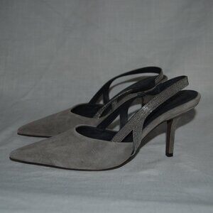 $1300 37 6.5 Brunello Cucinelli Gray Suede Crystal Detail Slingback 3.5" Heels